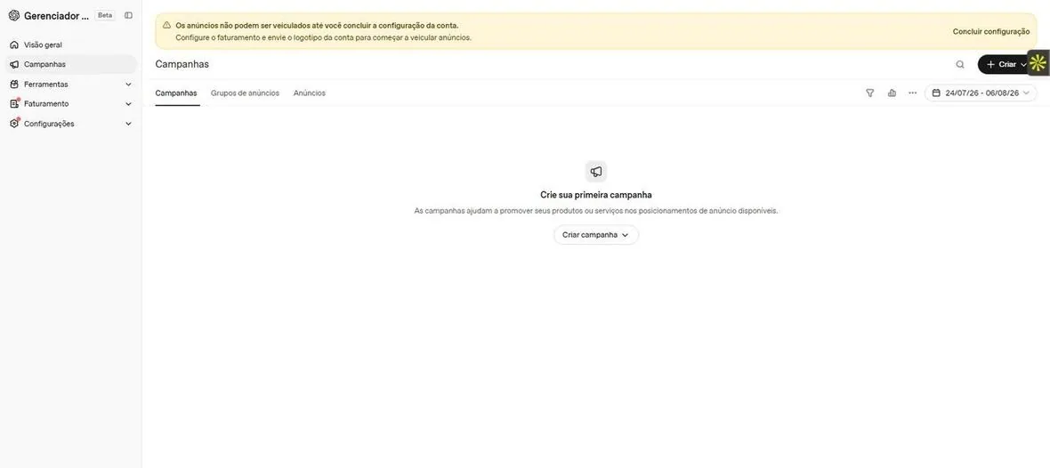 Painel de campanhas do Gerenciador de Anúncios da OpenAI em português