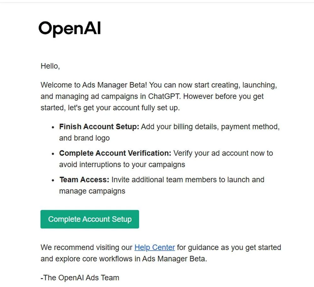 E-mail de boas-vindas do Ads Manager Beta enviado pela equipe de anúncios da OpenAI