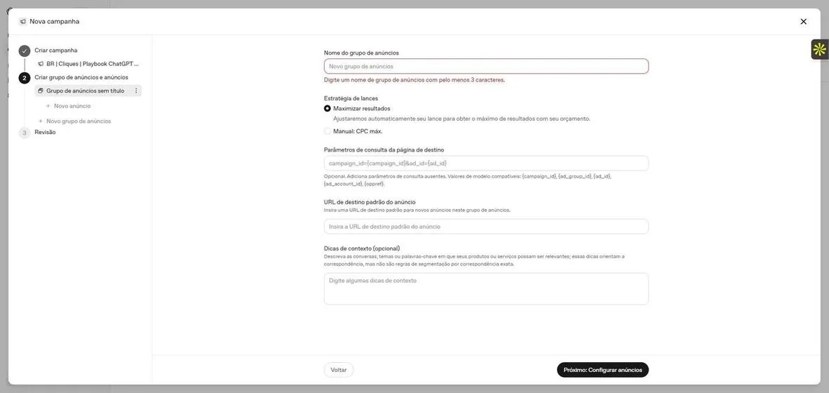 Tela de configuração do grupo de anúncios com estratégia de lances, parâmetros de URL e dicas de contexto