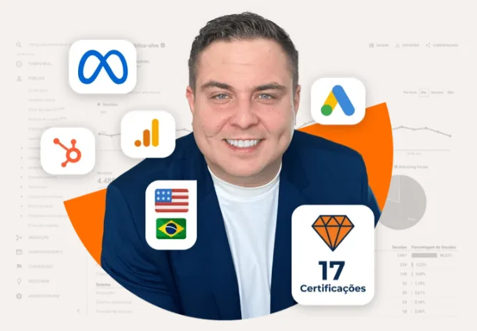 Marcelo Marcondes, especialista em marketing de performance, com 17 certificações de Meta, Google Ads, HubSpot e Google Analytics